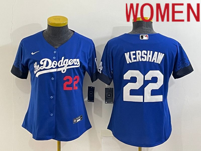 Women Los Angeles Dodgers 22 Kershaw Blue City Edition Nike 2022 MLB Jersey
